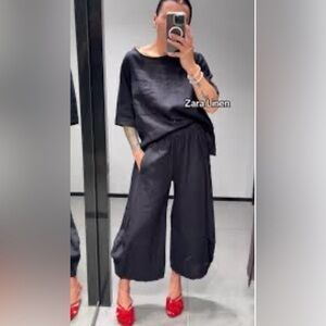 Zara ZW Collection black 100% linen wide volume pants trousers voluminous NwT S